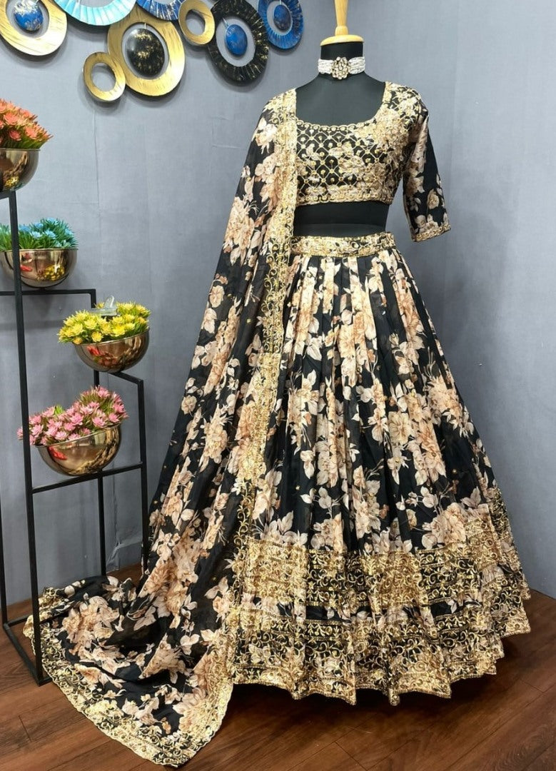 Black organza heavy embroidered sequence work wedding lehenga choli