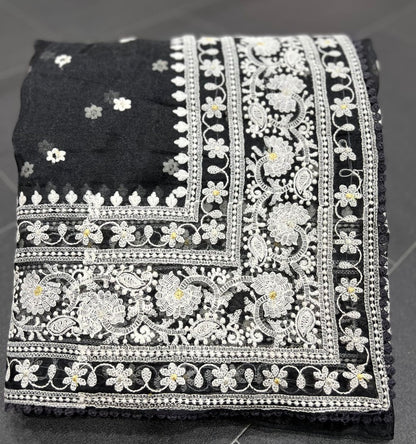 Black organza silk heavy thread embroidery work saree for ceremony