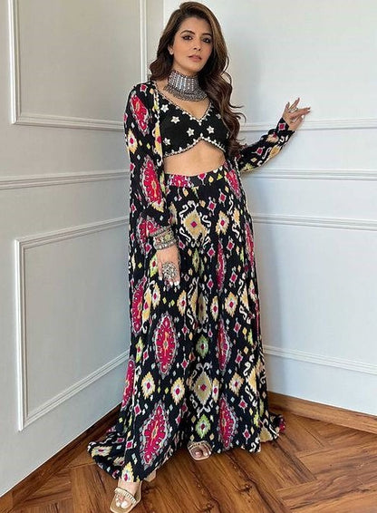 Black printed indowestern plazzo suit