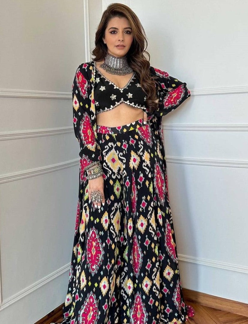 Black printed indowestern plazzo suit