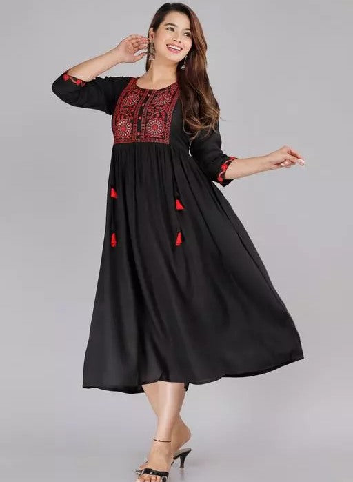 Black rayon embroidered frock kurti