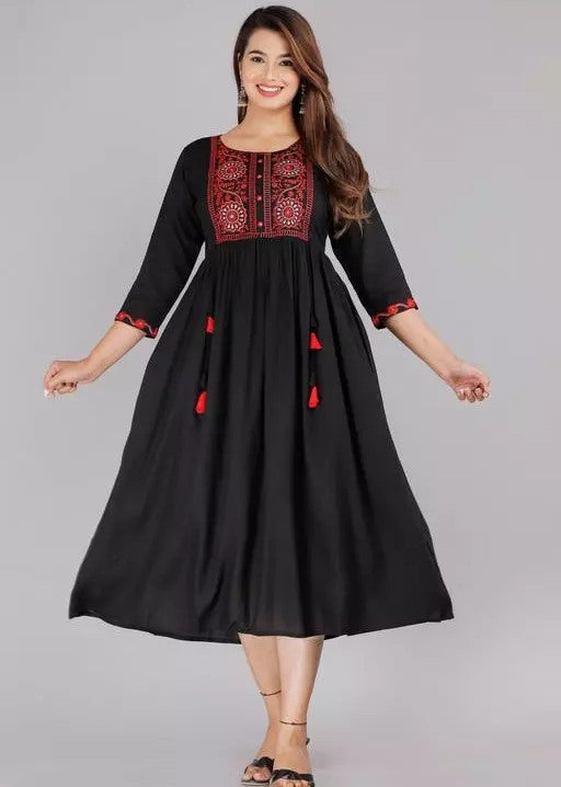 Black rayon embroidered frock kurti