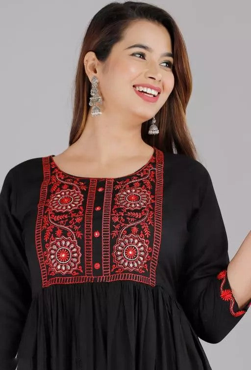 Black rayon embroidered frock kurti