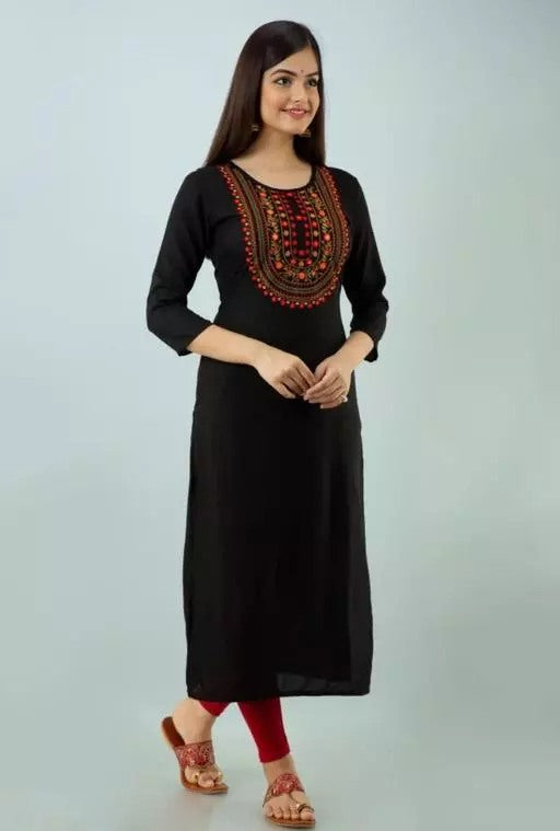 Black rayon embroidered straight kurti