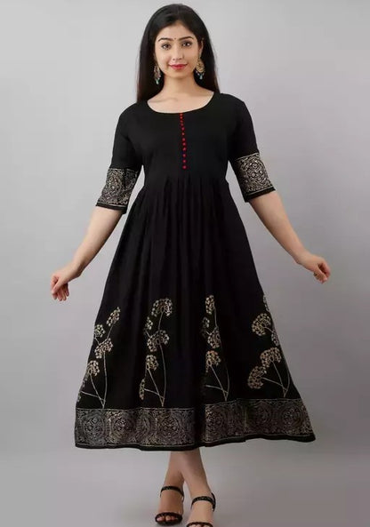 Black rayon printed anarkali frock kurti