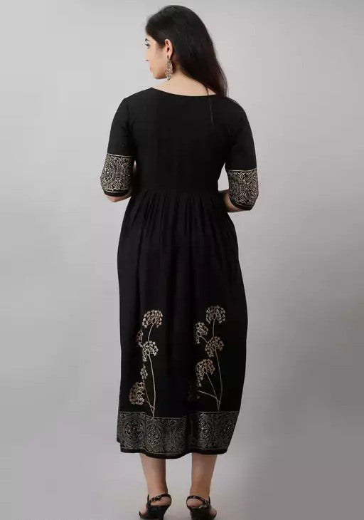 Black rayon printed anarkali frock kurti