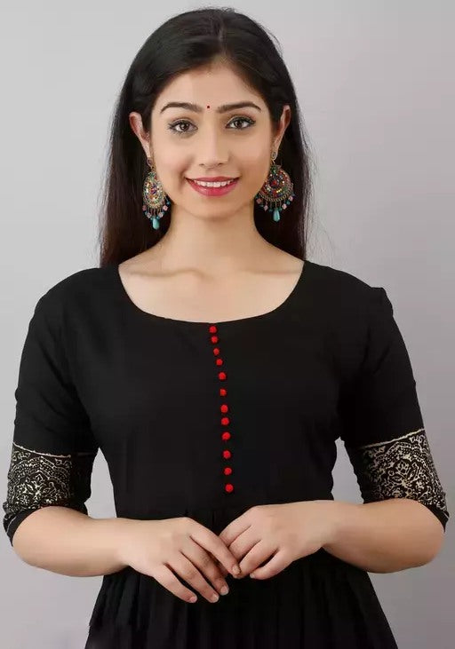 Black rayon printed anarkali frock kurti