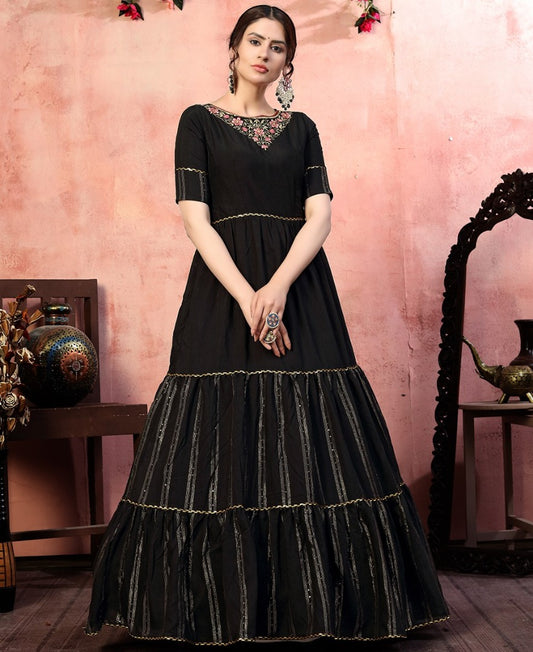 Black silk sequence thread embroidered party wear gown