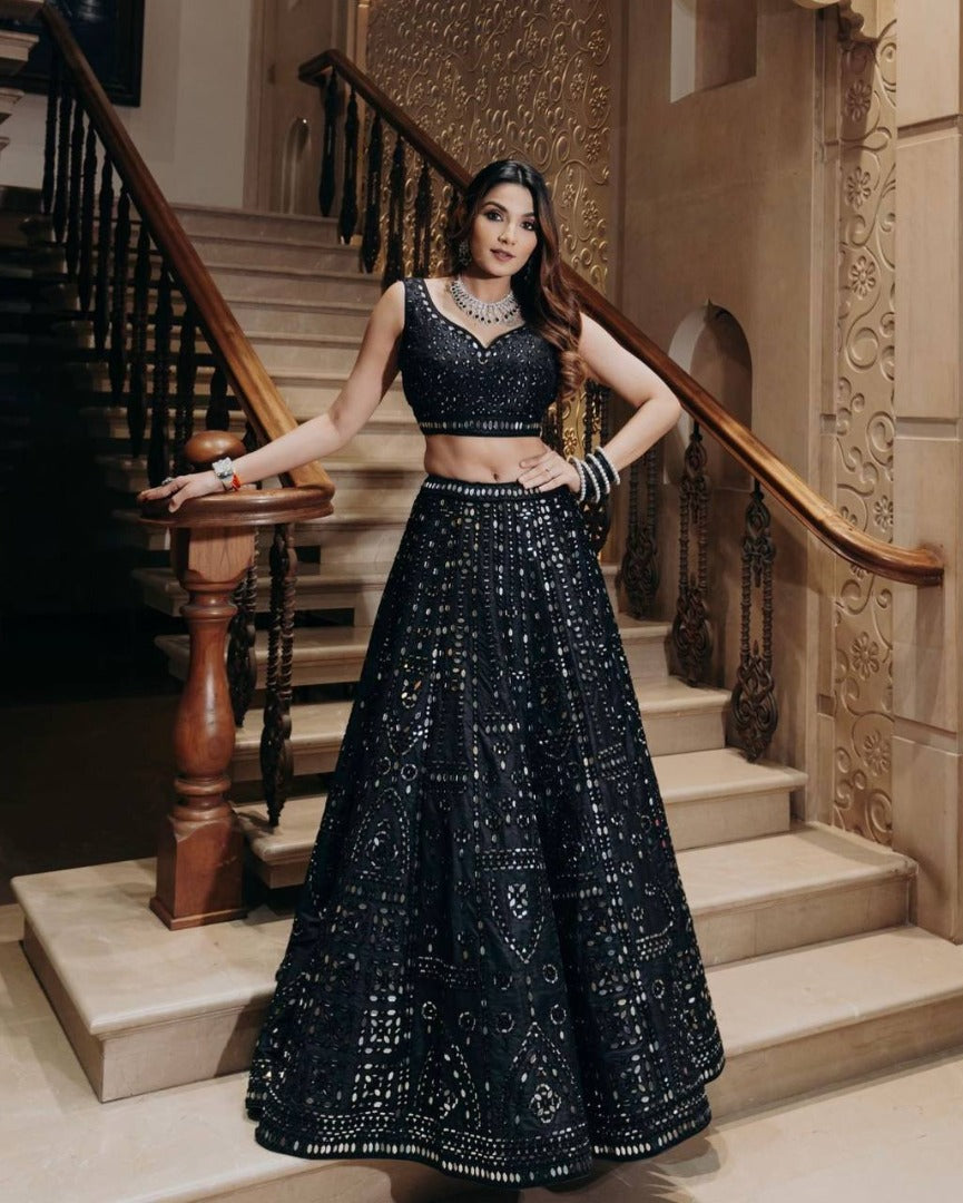 Black slub silk paper mirror threadwork wedding lehenga choli