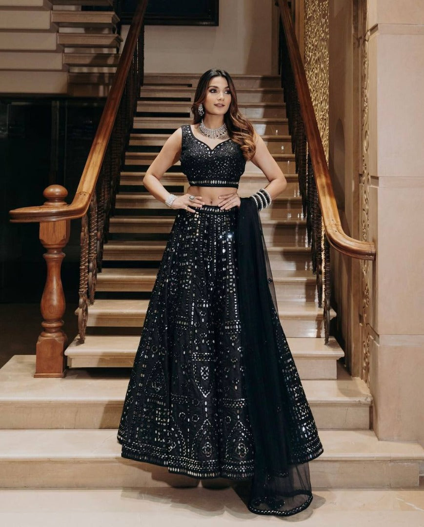 Black slub silk paper mirror threadwork wedding lehenga choli