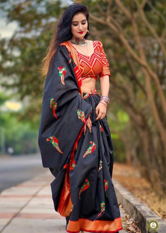 Black soft lichi silk jacquard zari weaving work designer saree