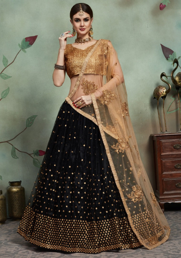 Black soft net sequence worked wedding lehenga choli