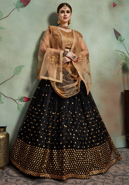 Black soft net sequence worked wedding lehenga choli