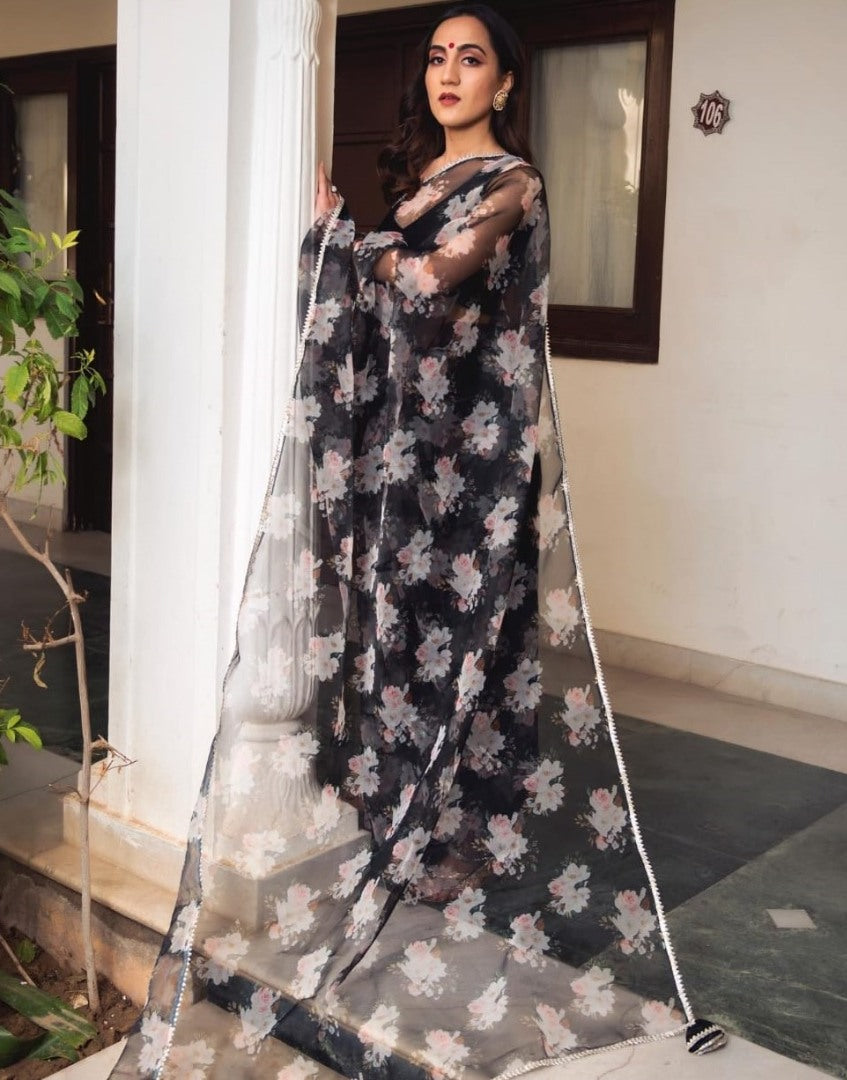 Black soft organza digital floral printed work saree