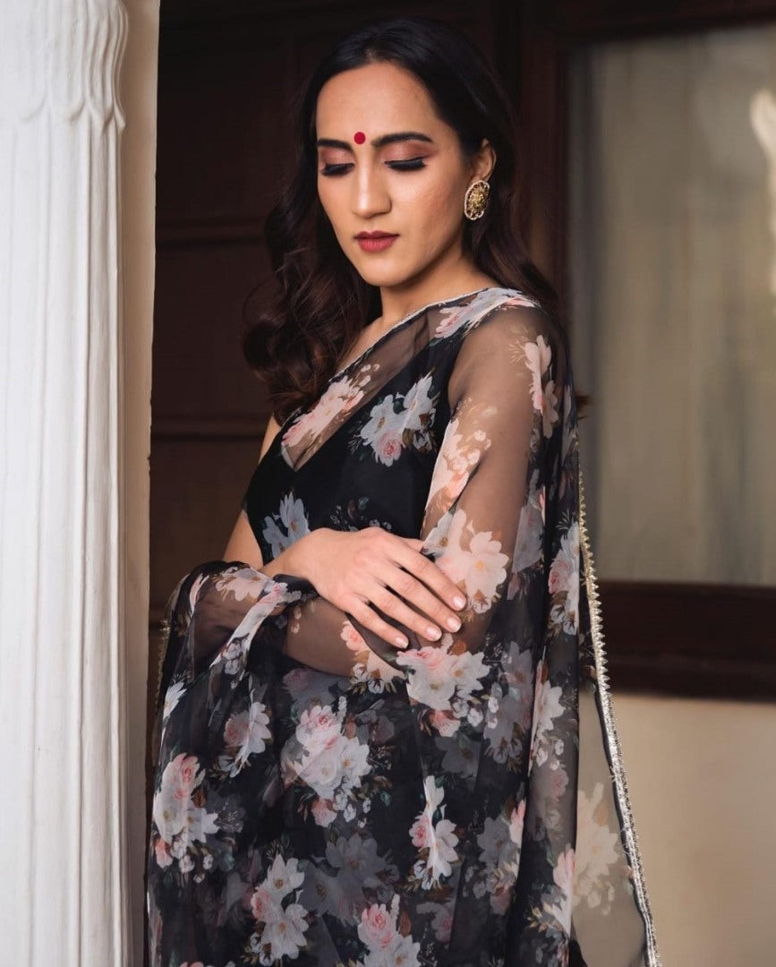 Black soft organza digital floral printed work saree