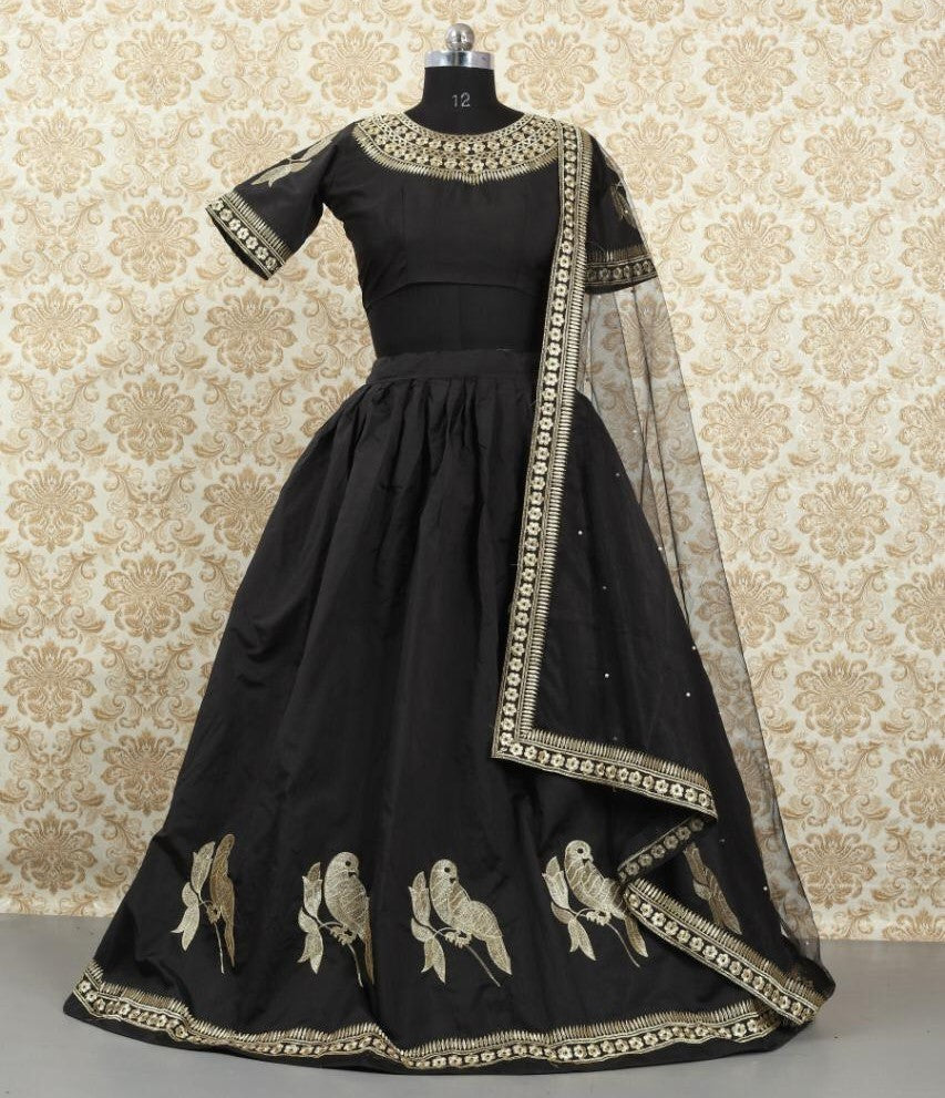 Black tapeta silk embroidered ceremonial lehenga