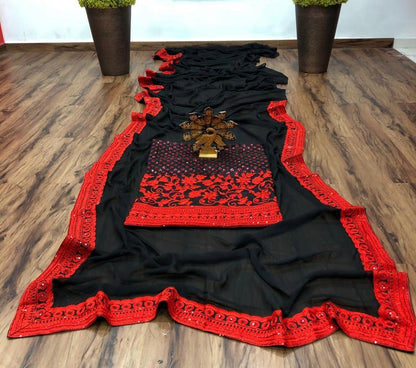 Black thread and sequence embroidered wedding saree