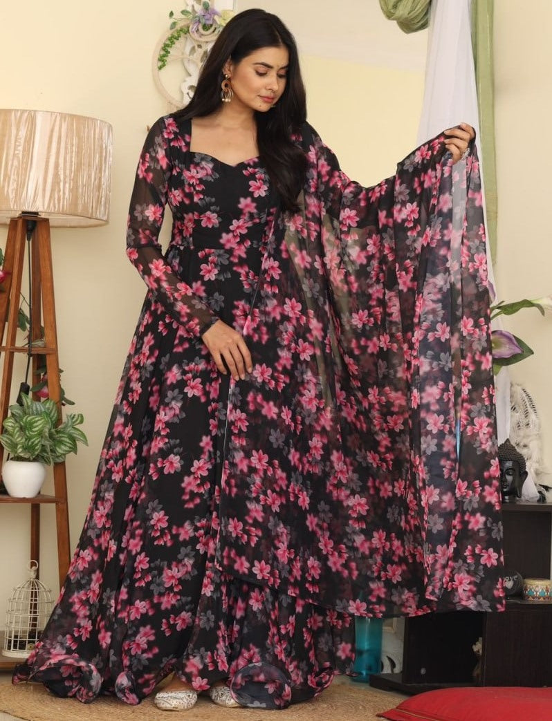 Black tibby silk floral printed long gown