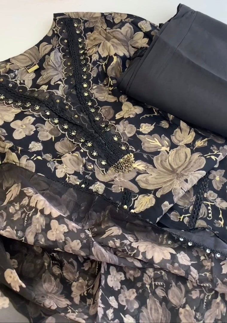 Black tibby silk floral printed salwar suit