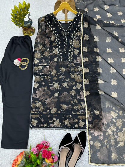 Black tibby silk floral printed salwar suit