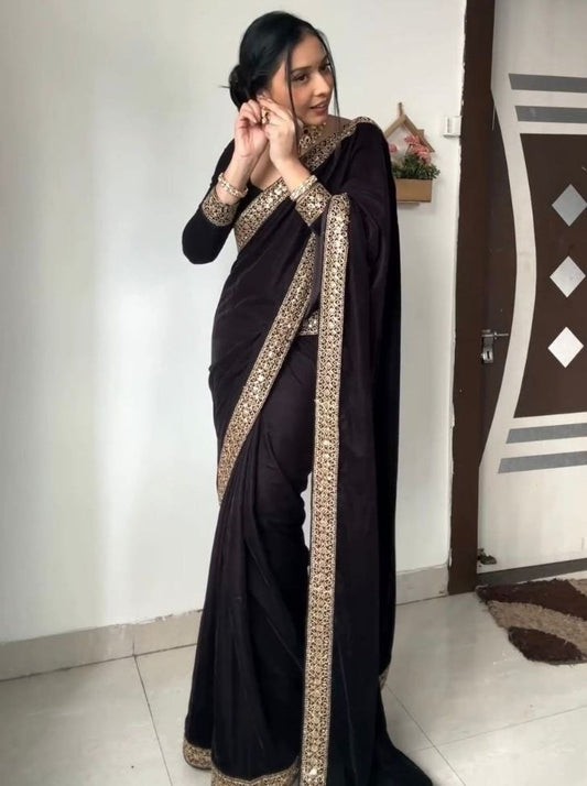 Black velvet designer party ready to wear saree