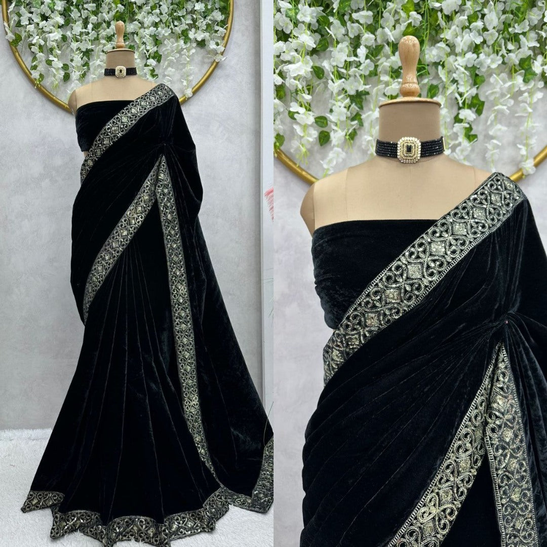 Black velvet designer party ready to wear saree