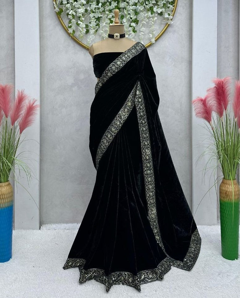 Black velvet designer party ready to wear saree