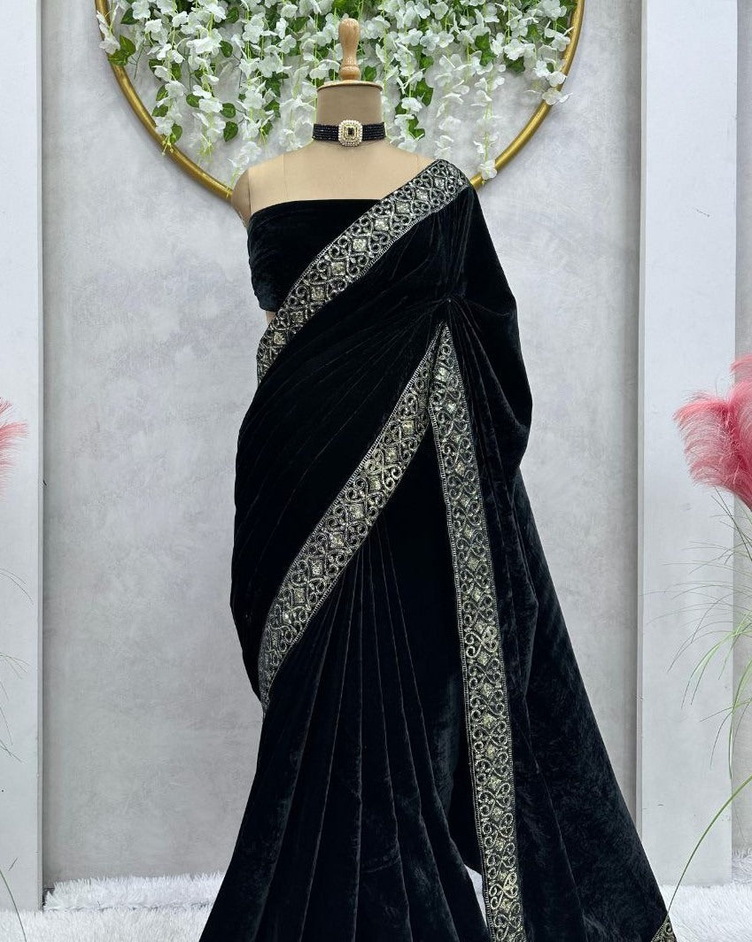 Black velvet designer party ready to wear saree