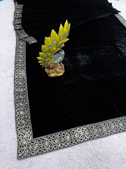 Black velvet designer party ready to wear saree