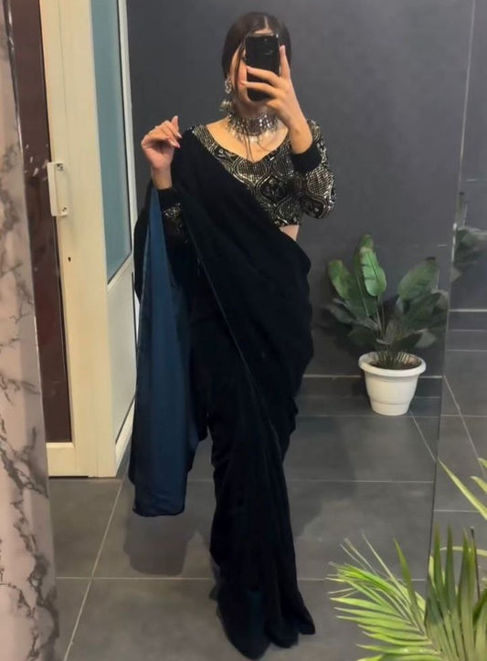 Black velvet designer party wear saree