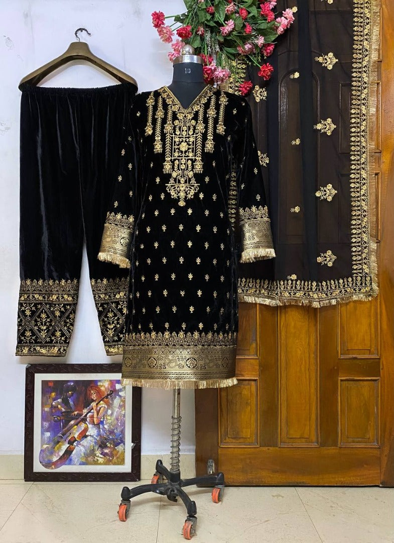 Black velvet embroidery work salwar suit