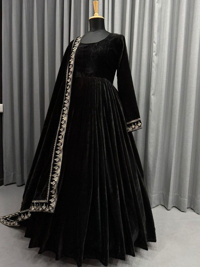 Black velvet embroidery worked long gown