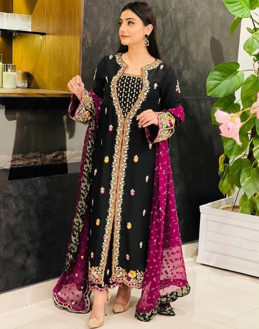 Black velvet heavy embroidered palazzo suit for wedding