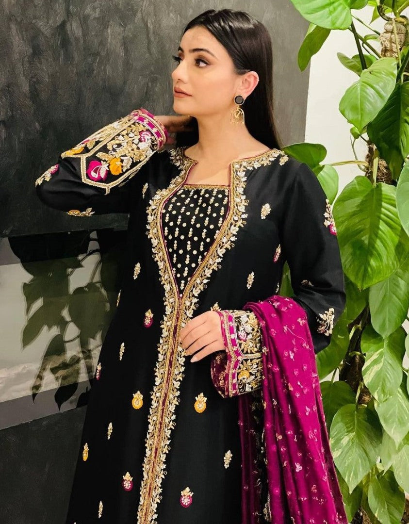 Black velvet heavy embroidered palazzo suit for wedding