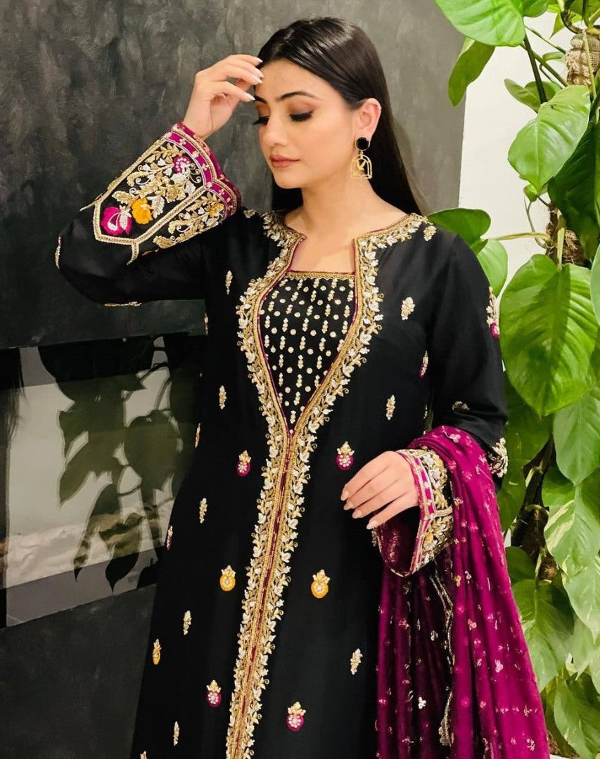 Black velvet heavy embroidered palazzo suit for wedding