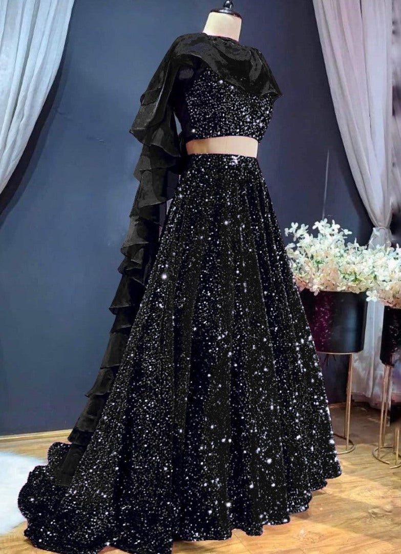 Black velvet heavy sequence work wedding lehenga choli