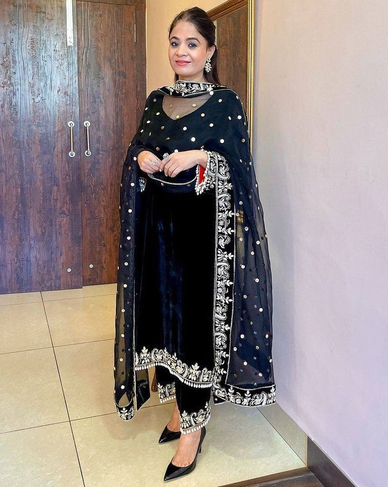 Black velvet party wear salwar suit