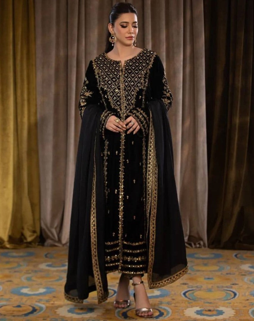 Black velvet sequence embroidery work party wear salwar suit