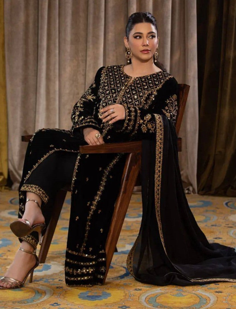 Black velvet sequence embroidery work party wear salwar suit