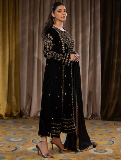 Black velvet sequence embroidery work party wear salwar suit