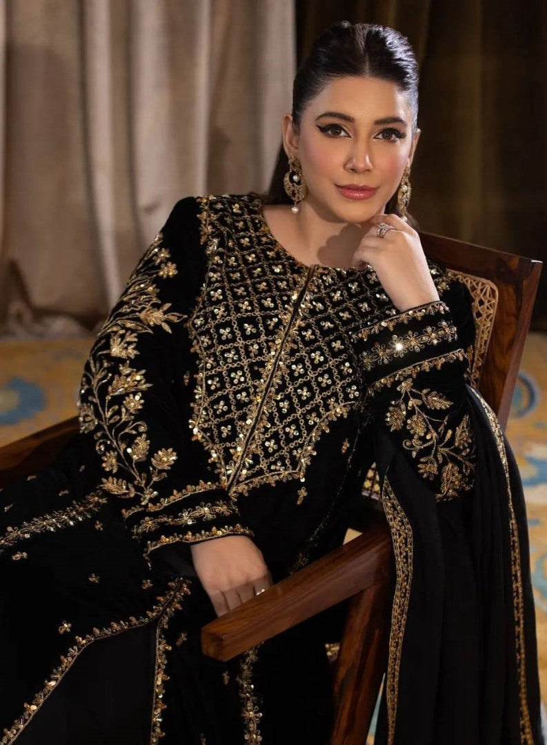 Black velvet sequence embroidery work party wear salwar suit