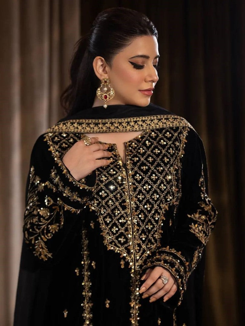 Black velvet sequence embroidery work party wear salwar suit