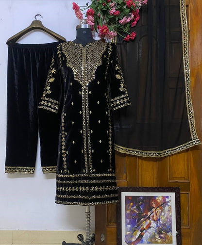 Black velvet sequence embroidery work party wear salwar suit