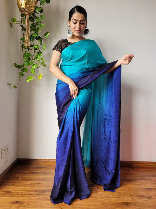 Blue and sea green chinon silk ready to wear one minute partywear saree