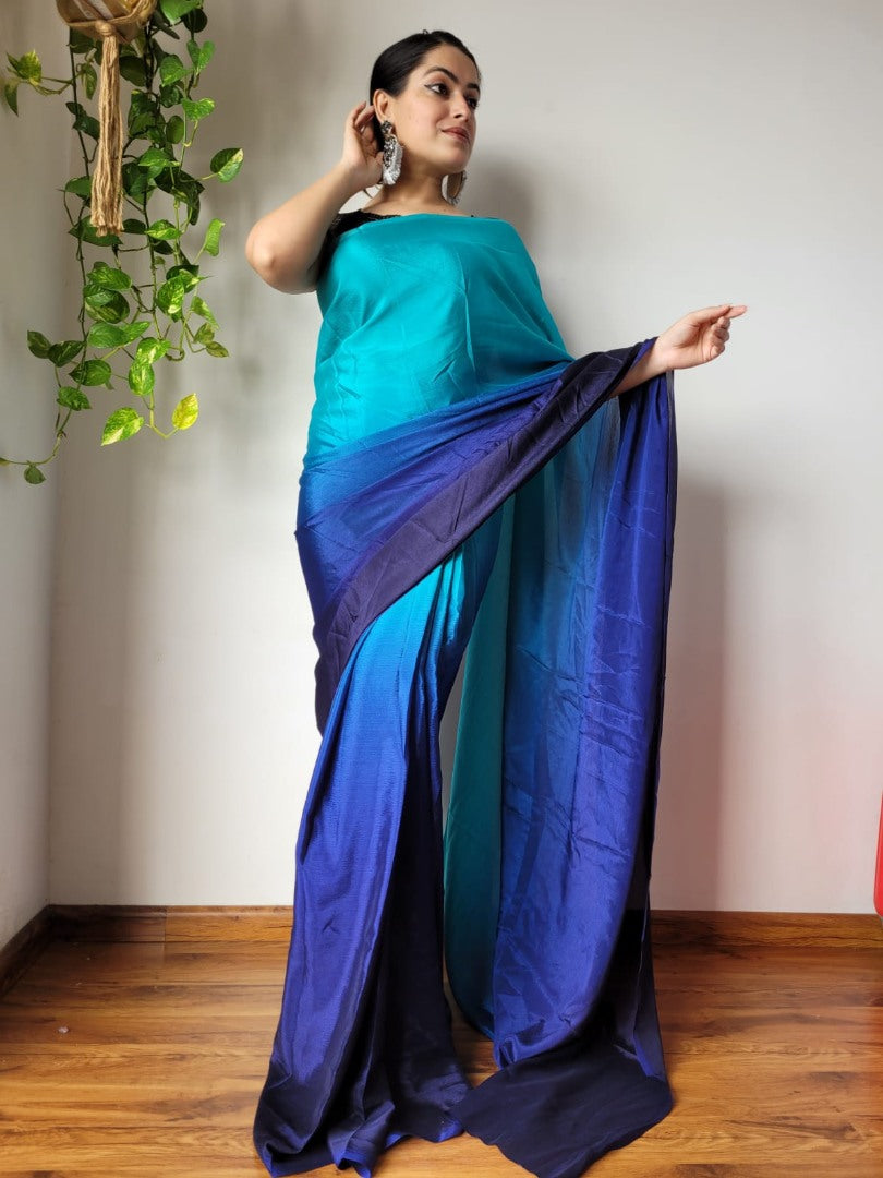 Blue and sea green chinon silk ready to wear one minute partywear saree