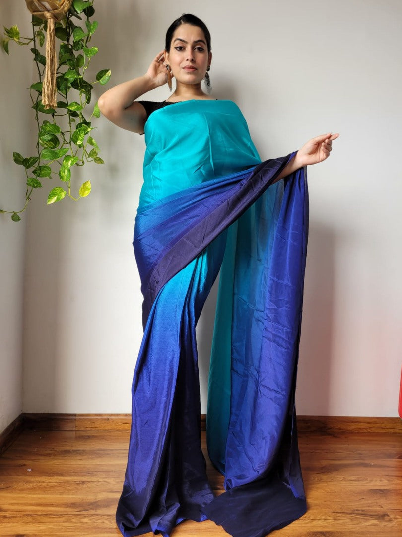 Blue and sea green chinon silk ready to wear one minute partywear saree