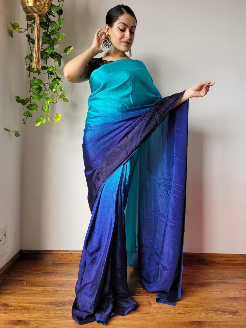 Blue and sea green chinon silk ready to wear one minute partywear saree