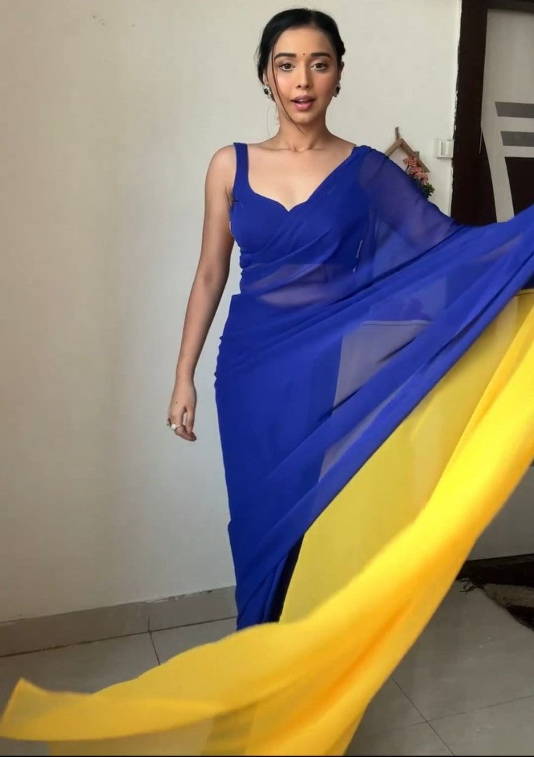 Blue and yellow georgette ready to wear alia bhatt bollywood saree