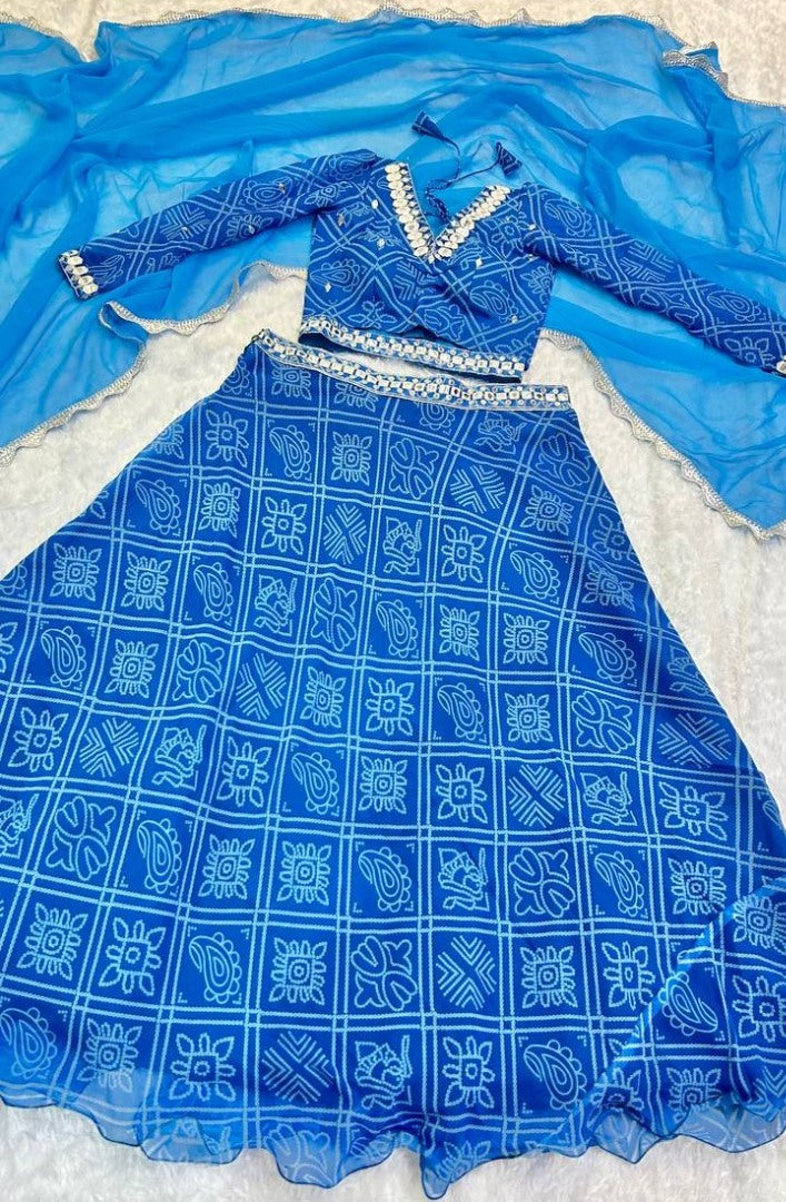 Blue bandhni printed gujarati garba navratri lehenga chaniya choli