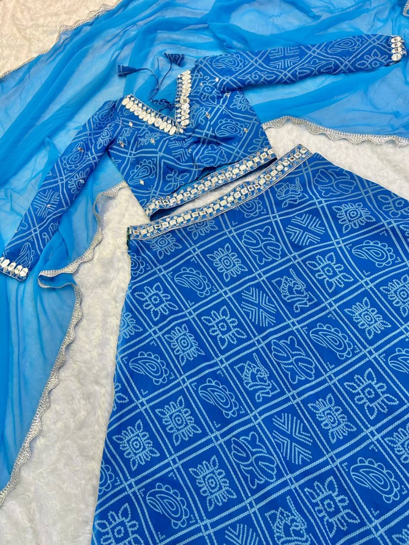 Blue bandhni printed gujarati garba navratri lehenga chaniya choli